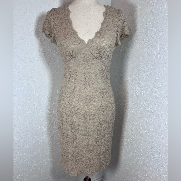 Caché Stretch French Lace V-Neck Short Sleeve Midi Dress - Picture 2 of 5